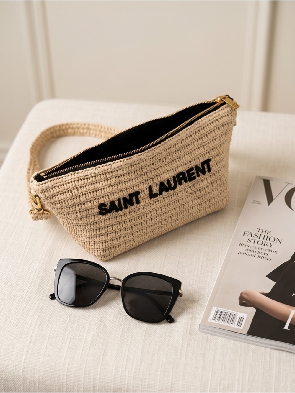 BNWT Saint Laurent Beige Le Raffia Shoulder Bag with Embroidered Logo